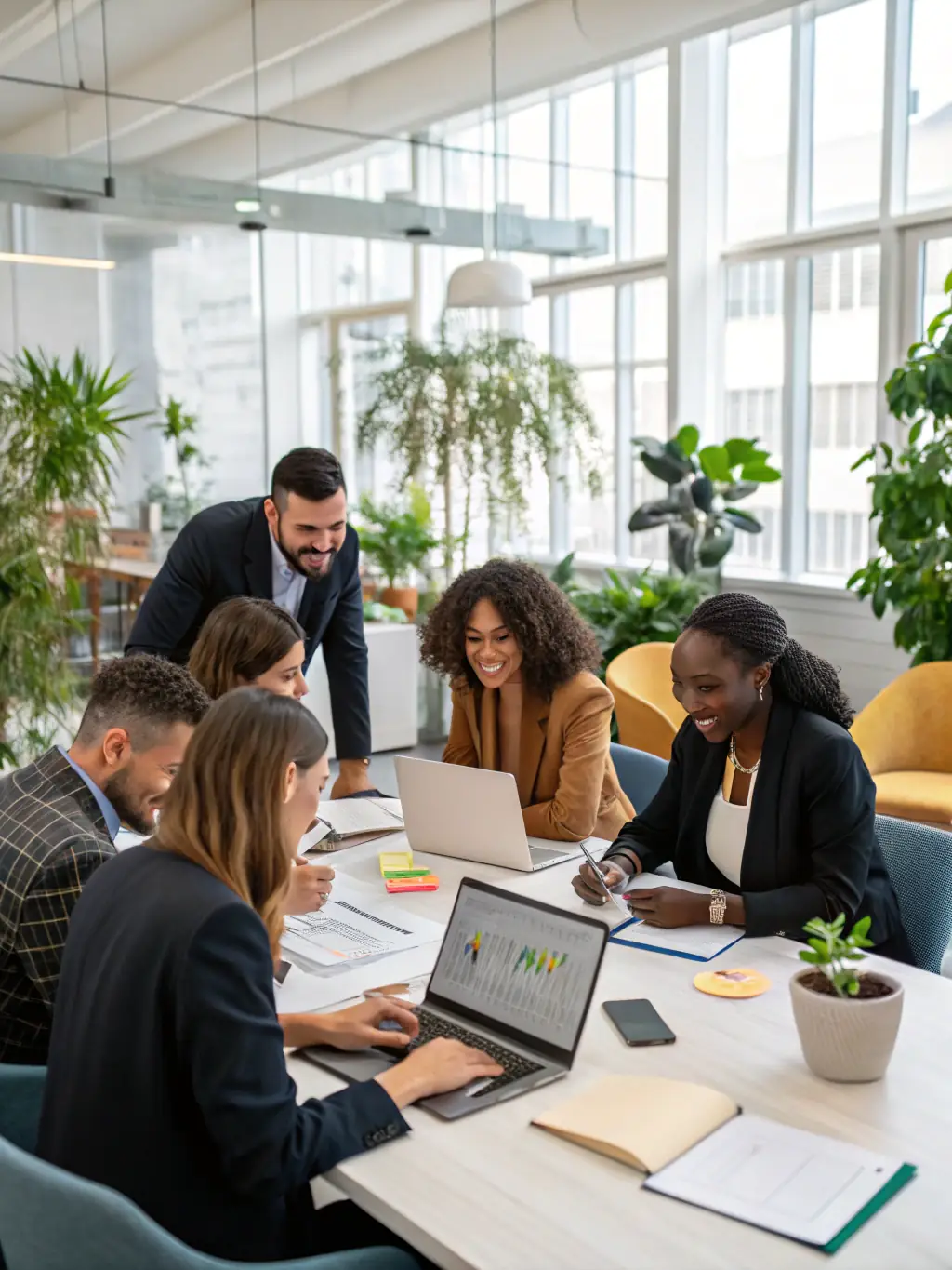 An image depicting a business team collaborating effectively using custom software, showcasing improved communication, coordination, and decision-making. The team should appear engaged and productive.