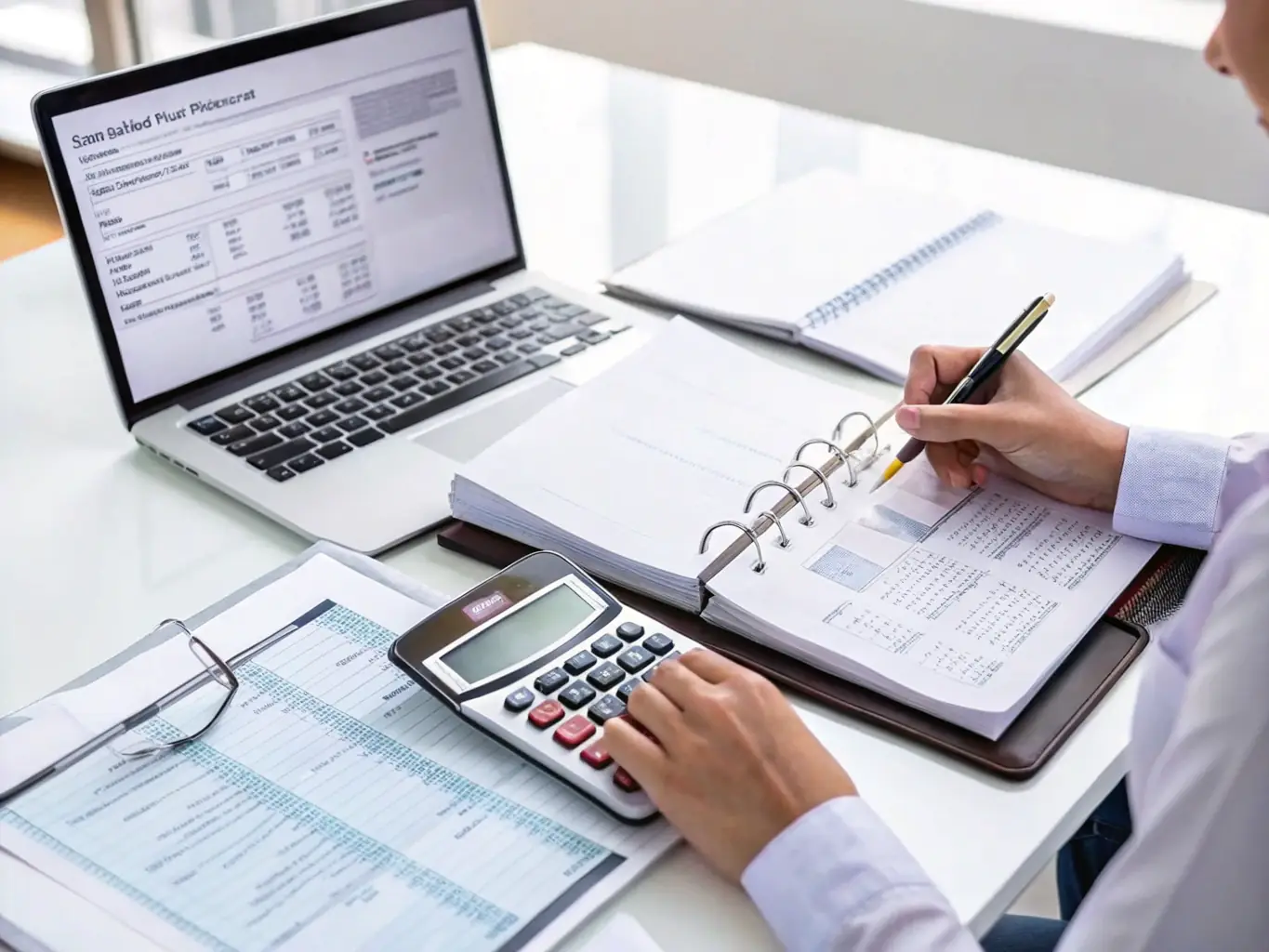 A professional auditor meticulously reviewing financial documents in a brightly lit office, symbolizing thoroughness and attention to detail in identifying hidden costs.