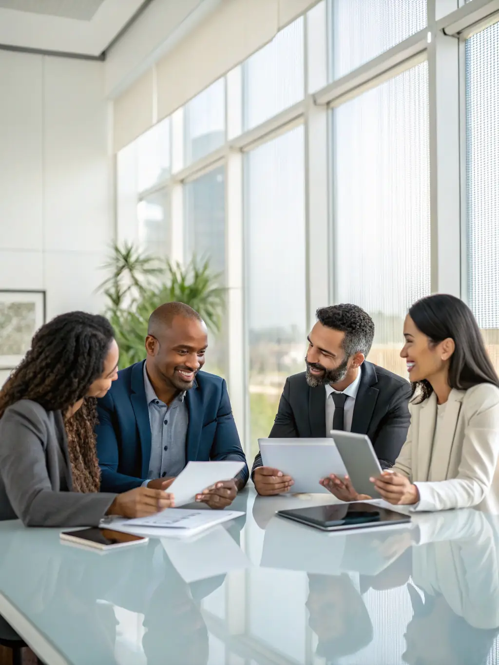 A team of financial advisors collaborating around a table, discussing strategies and solutions for a client's financial challenges.
