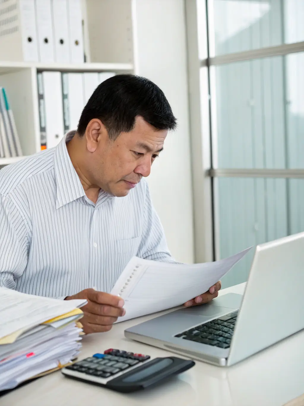A professional auditor meticulously reviewing financial documents in a brightly lit office, symbolizing thoroughness and attention to detail in business audits.