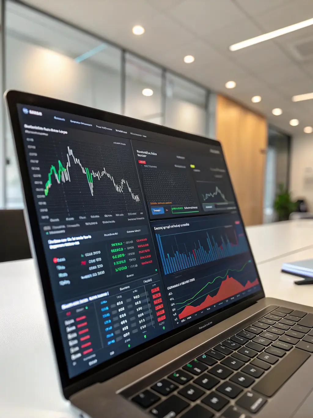 A close-up shot of a well-organized dashboard displaying key performance indicators (KPIs) for a business, highlighting efficiency gains through custom software. The dashboard should be clean, modern, and visually appealing, showcasing data-driven insights.