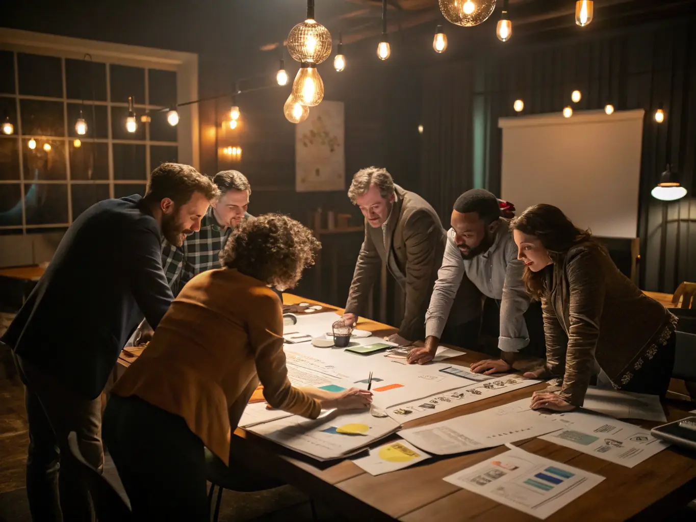 A team of financial advisors collaborating around a table, analyzing data and discussing strategies to streamline a company's budget.