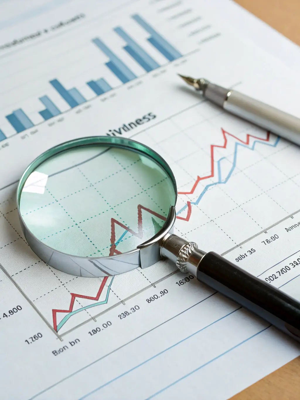 A graph showing upward trends in financial performance, with a magnifying glass highlighting key areas of growth and improvement.